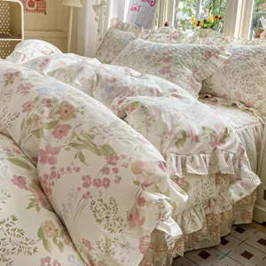 Pure Cotton Quilted Bed Skirt Four Piece Set Fresh Vintage Floral Lace Trim Duvet Cover Bedding Set For Bedroom