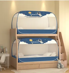 Detail view of double bunk bed mosquito net with blue astronaut space pattern for kids.