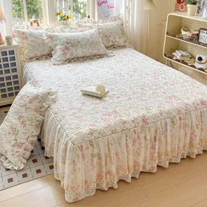 Cotton quilted bed skirt 4 piece set vintage floral lace ruffles pastoral cozy bedding.