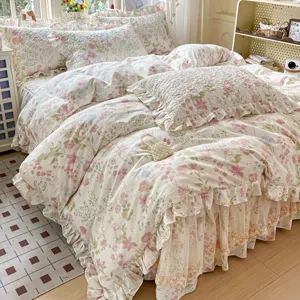 Quilted cotton floral bed skirt 4-piece set vintage pastoral lace duvet cover bedroom decor
