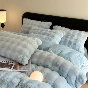Light blue faux rabbit plush bedding set warm winter thick fleece duvet cover and sheets.