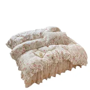 Floral quilted bedding set with lace ruffle bed skirt, vintage pastoral cotton duvet cover.