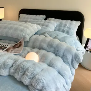 Light blue plush fleece bedding set, winter warm thick flannel duvet cover and bed sheet.