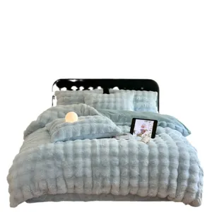 Cozy light blue faux rabbit fur plush duvet cover set, soft warm winter bedding main image.