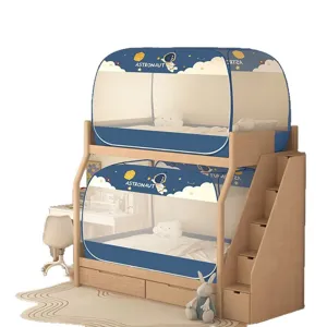 Bunk bed with astronaut dome mosquito net, wooden stairs, and storage, safe for kids.