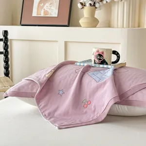 Pink 100% cotton gauze pillow towel with cute embroidered patterns for home bedroom decor use.