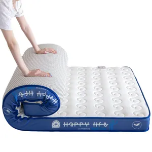 Dormitory latex mattress with breathable knitted fabric, rollable and portable design for single use.