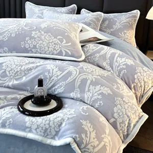 Housse de Couette Drap de Lit Taies d'Oreiller Polaire de Lait Floral Gaufré Hiver Chaud Textile Maison Collection Literie Douce