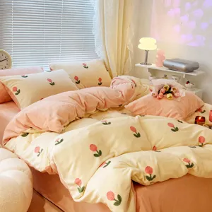 Winter Thickened Milk Fleece Bedding Set with Tulip Print Warm Soft Bed Sheet