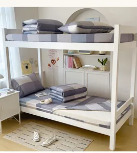 Cozy grey plaid dorm bed sheet set for bunk beds soft cotton bedding details view.