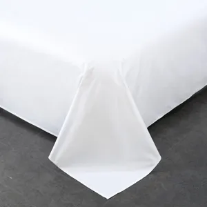 Detailed view of white hotel bed sheet fabric, smooth texture, clean minimalist presentation.