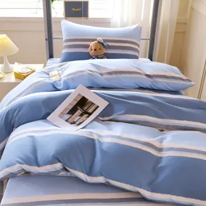 Cotton student dorm bedding set, blue striped duvet cover, soft flat sheet and pillowcase.