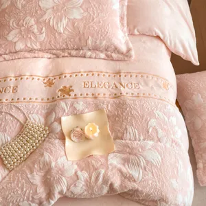 Roze verdikte melk fleece beddengoed set winter bloemen fleece dekbedovertrek 4 stuks