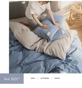 Pure cotton 4-piece bedding set minimalist blue grey duvet cover bed sheet pillowcase