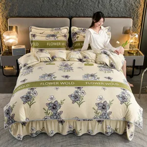 Thickened Golden Mink Milk Velvet Bedding Set Quilted Bed Skirt Winter Warm Quilt Cover Pillowcases Home Bedroom