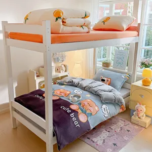 Thickened milk velvet four piece bedding set cute cartoon bear winter warm fitted sheet