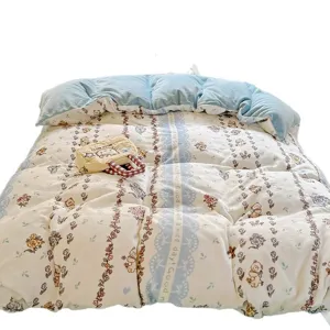 Thickened milk velvet winter bedding set with cute floral bear pattern and cozy fleece.