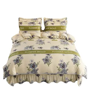 Thickened coral fleece bedding set with floral print and bed skirt for winter warmth