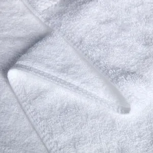 Detalle de toalla de algodón blanco con textura de rizo suave y borde cosido limpio.