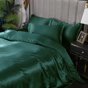 Lujoso juego de cama de seda de hielo verde oscuro funda nórdica satén suave decoración