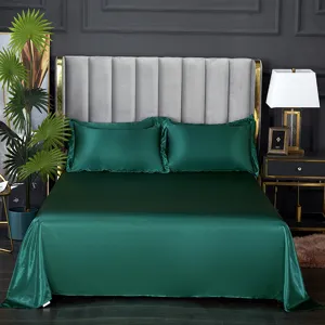 Juego de sábanas de seda verde oscuro con fundas de volantes, ropa de cama de lujo.