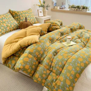 Grüne Blumen Winterbettdecke Bettwäsche Set mit Kissen für gemütliche Schlafzimmer Deko.