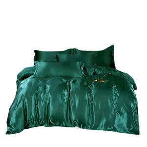 Juego de cama de satén de seda verde oscuro funda nórdica suave y fundas de almohada