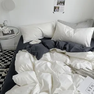 Parure de Lit en Coton Lavé Couleur Unie Moderne Minimaliste Bicolore Housse de Couette Drap de Lit Taies d'Oreiller Maison Chambre