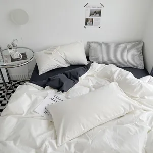 Parure de lit 4 pièces en coton lavé de couleur unie housse de couette bicolore moderne et taies d'oreiller