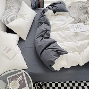 Parure de lit unie en coton brosse lave double face gris blanc housse de couette et drap