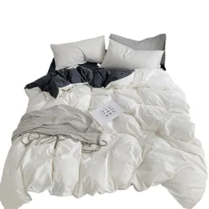 Parure de lit en coton lavé housse de couette bicolore taies doreiller chambre maison