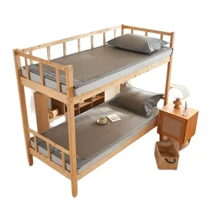 Dormitory wooden bunk bed with PE rattan cooling mat and pillow set, student use.