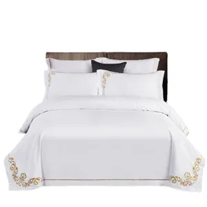 Luxury 60s Satin Hotel Bedding Set White With Gold Embroidery 4-Piece Duvet Cover