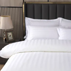 Pure cotton hotel bedding set white sateen stripe duvet cover and pillowcases main view