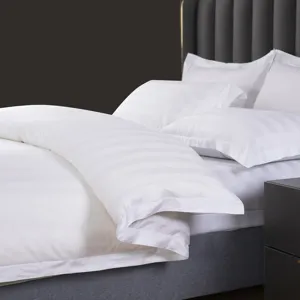 Premium white hotel quality 4-piece cotton bedding set with elegant stripe sateen finish.