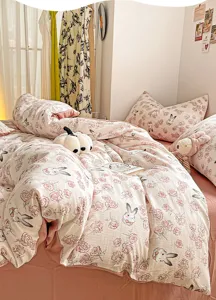 Cozy pink floral rabbit cotton bedding set, breathable double-layer gauze duvet cover.