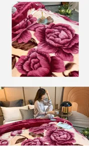 Cozy winter Raschel fleece blanket with elegant floral print, soft and warm home bedding.