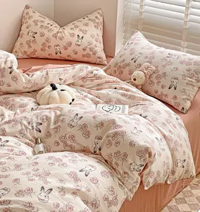 Double layer gauze cotton bedding set with cute rabbit floral print, soft cozy pink duvet cover.