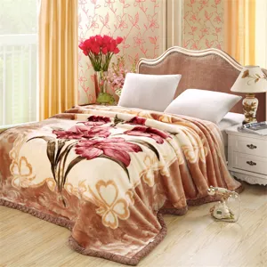 Detailed view of the winter thick Raschel plush blanket with traditional floral pattern.
