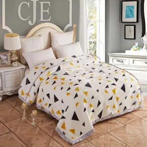 Winter warm Raschel fleece blanket detail, stylish geometric triangle print design for home bed.