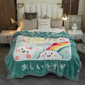 Cozy winter raschel plush blanket with cute cartoon print, soft and warm bed cover for home use.