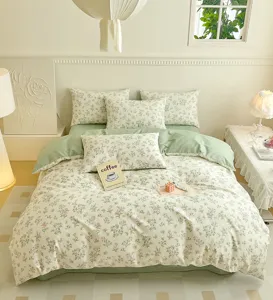 Green floral bedding set cotton duvet cover bed sheet pillowcases cozy bedroom decor 4pcs