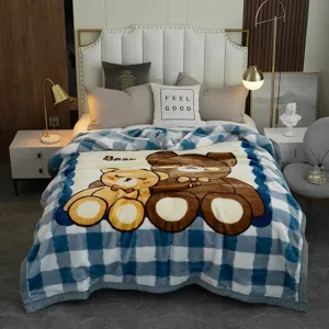 Winter Raschel velvet plush blanket warm cozy blue plaid cute bear print bed throw cover
