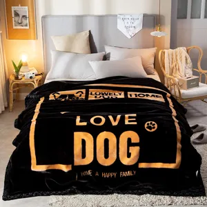Plush flannel fleece blanket winter warm black bed cover with cute dog print design cozy home decor