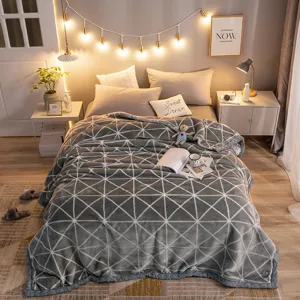 Winter fleece blanket with modern geometric pattern warm plush bed cover for home bedroom use
