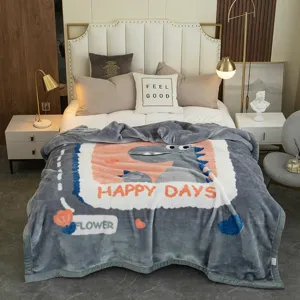 Winter thick Raschel fleece blanket, cozy grey throw with cute dinosaur print for bedroom home decor.