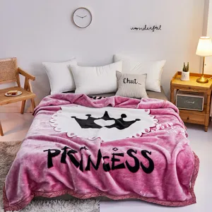 Pink plush fleece winter blanket with crown princess print cozy home bedroom decor piece