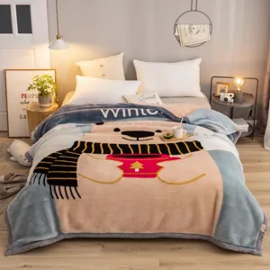 Winter Raschel plush blanket warm cozy bed throw detail view featuring cute bear design.