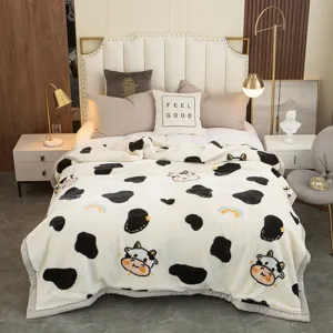 Thick raschel fleece blanket with cute cartoon cow print for winter home warmth and cozy bedding.