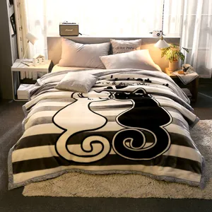 Cozy winter fleece blanket with cute cat pattern, soft warm bed throw for home bedroom decor.